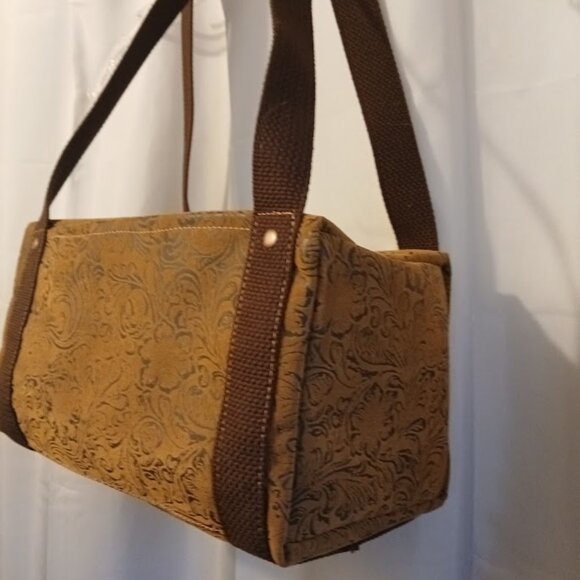 New Southwestern Velvet Tooled Brown Faux Leather Mini Duffle Tote Shoulder Bag - Picture 2 of 10